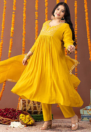 Embroidered Art Silk A Line Suit in Yellow