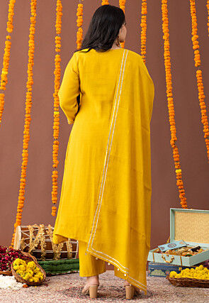 Embroidered Art Silk A Line Suit in Yellow