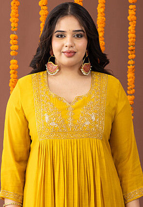 Embroidered Art Silk A Line Suit in Yellow