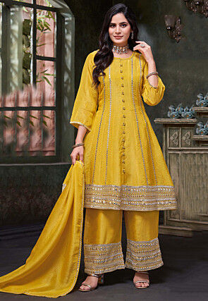 Embroidered Art Silk A Line Suit in Yellow