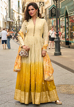 Embroidered Art Silk Abaya Style Suit in Yellow Ombre