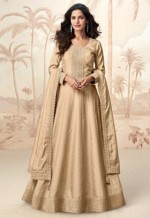 Embroidered Art Silk Abaya Style Suit in Beige
