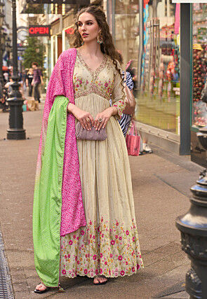 Embroidered Art Silk Abaya Style Suit in Beige