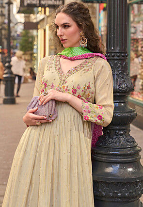 Embroidered Art Silk Abaya Style Suit in Beige