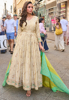 Embroidered Art Silk Abaya Style Suit in Beige