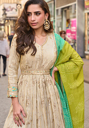 Embroidered Art Silk Abaya Style Suit in Beige