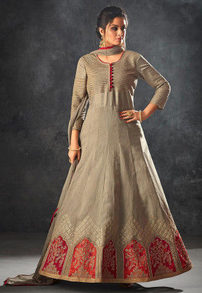 Embroidered Art Silk Abaya Style Suit in Beige