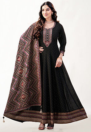 Embroidered Art Silk Abaya Style Suit in Black