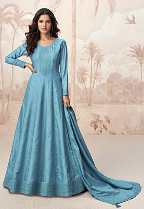 Embroidered Art Silk Abaya Style Suit in Blue