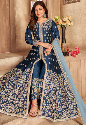 Embroidered Art Silk Abaya Style Suit in Blue