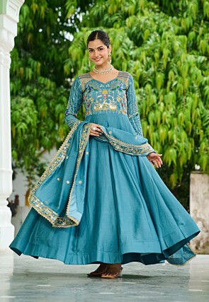 Embroidered Art Silk Abaya Style Suit in Blue