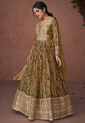 Embroidered Art Silk Abaya Style Kameez in Brown