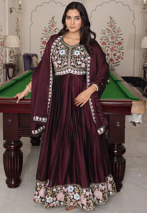 Embroidered Art Silk Abaya Style Suit in Brown