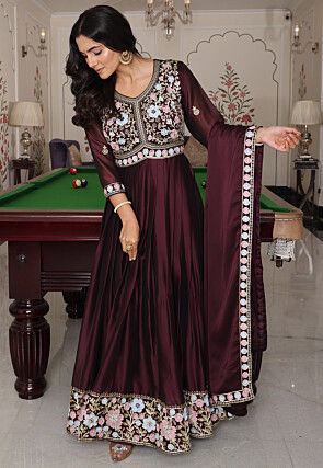 Embroidered Art Silk Abaya Style Suit in Brown