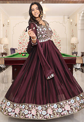 Embroidered Art Silk Abaya Style Suit in Brown