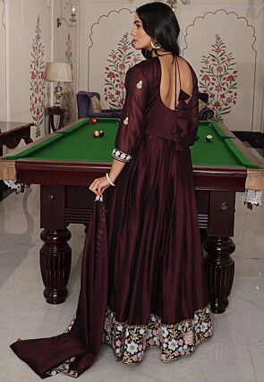 Embroidered Art Silk Abaya Style Suit in Brown