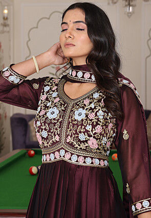 Embroidered Art Silk Abaya Style Suit in Brown