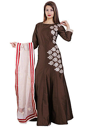 Embroidered Art Silk Abaya Style Suit in Brown