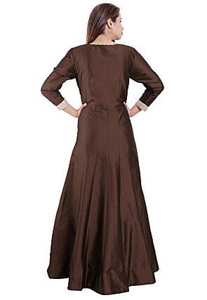 Embroidered Art Silk Abaya Style Suit in Brown