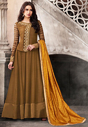 Embroidered Art Silk Abaya Style Suit in Brown