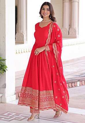 Embroidered Art Silk Abaya Style Suit in Coral Red