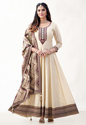 Embroidered Art Silk Abaya Style Suit in Cream