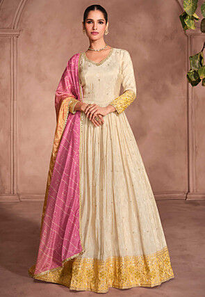 Embroidered Art Silk Abaya Style Suit in Cream