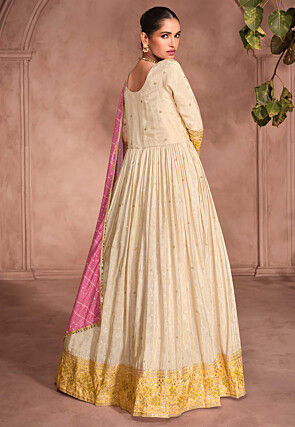 Embroidered Art Silk Abaya Style Suit in Cream