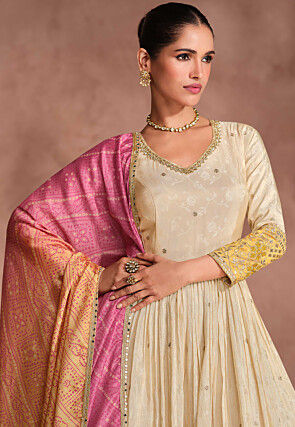 Embroidered Art Silk Abaya Style Suit in Cream
