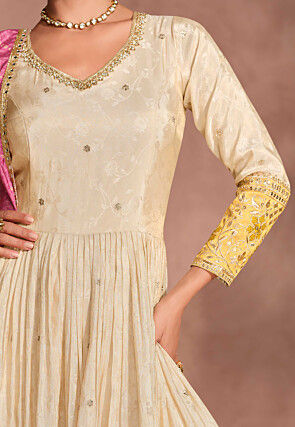 Embroidered Art Silk Abaya Style Suit in Cream