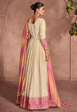 Embroidered Art Silk Abaya Style Suit in Cream