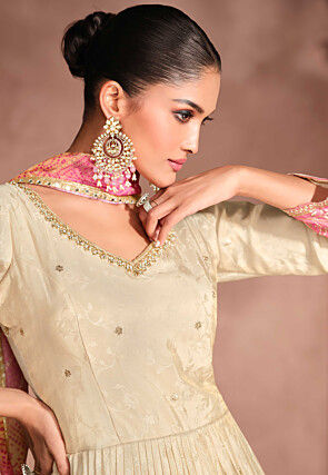 Embroidered Art Silk Abaya Style Suit in Cream