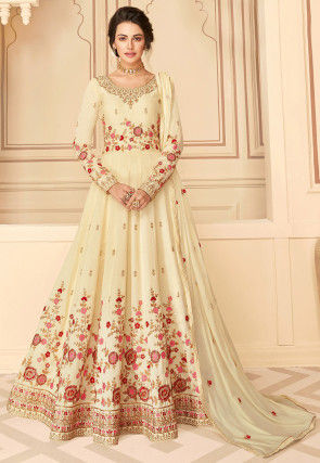 Embroidered Art Silk Abaya Style Suit in Cream