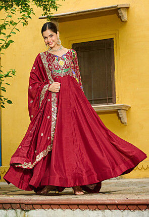 Embroidered Art Silk Abaya Style Suit in Dark Fuchsia