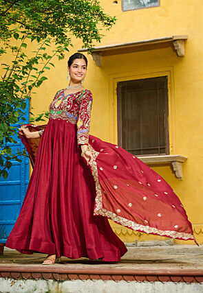 Embroidered Art Silk Abaya Style Suit in Dark Fuchsia