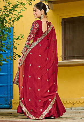 Embroidered Art Silk Abaya Style Suit in Dark Fuchsia
