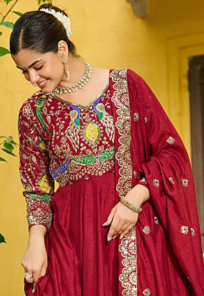 Embroidered Art Silk Abaya Style Suit in Dark Fuchsia