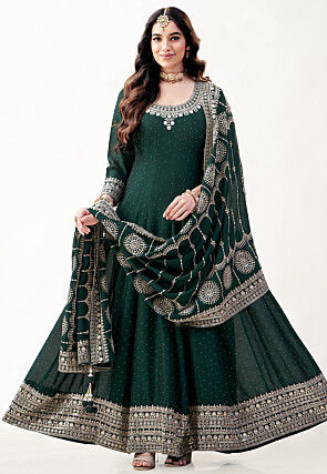 Embroidered Art Silk Abaya Style Suit in Dark Green