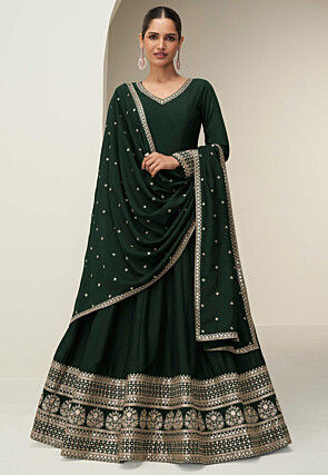 Embroidered Art Silk Abaya Style Suit in Dark Green