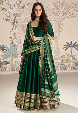 Embroidered Border Art Silk Abaya Style Suit in Dark Green