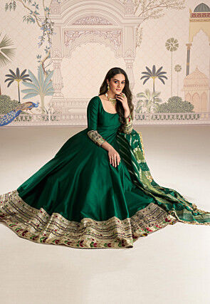 Embroidered Border Art Silk Abaya Style Suit in Dark Green