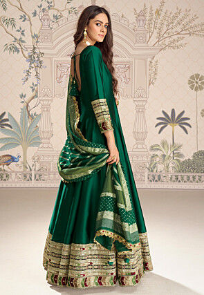 Embroidered Border Art Silk Abaya Style Suit in Dark Green