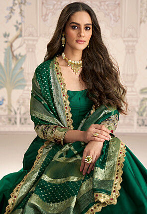 Embroidered Border Art Silk Abaya Style Suit in Dark Green