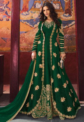 Embroidered Art Silk Abaya Style Suit in Dark Green