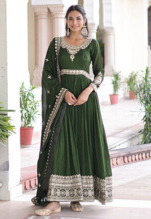 Embroidered Art Silk Abaya Style Suit in Dark Green