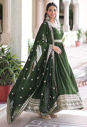 Embroidered Art Silk Abaya Style Suit in Dark Green