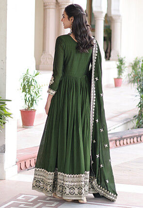 Embroidered Art Silk Abaya Style Suit in Dark Green