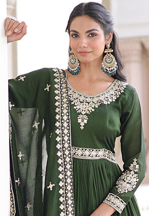 Embroidered Art Silk Abaya Style Suit in Dark Green
