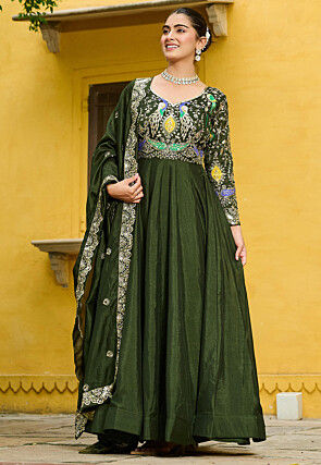 Embroidered Art Silk Abaya Style Suit in Dark Olive Green