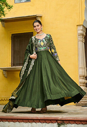Embroidered Art Silk Abaya Style Suit in Dark Olive Green
